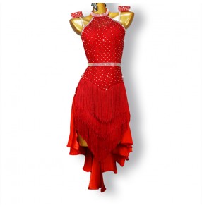 Custom size red lace competition fringe latin dance dresses for women girls kids backless halter neck salsa rumba chacha stage dance bling ballroom dancing outfits 