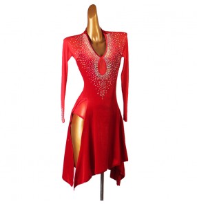 Custom size red rhinestones Latin dance dress long sleeves professional Latin dance competition rumba chacha performance dresses denim dance skirt three-step performance clothing