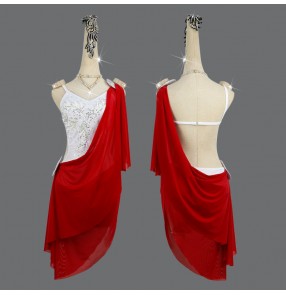 Custom size red with white competition latin dance dresses for women girls modern salsa one shoulder latin performance flowy skirt for female