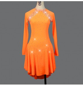 Custom size rhinestones competition orange colored girls women latin dance dresses salsa rumba chacha dance costumes dress
