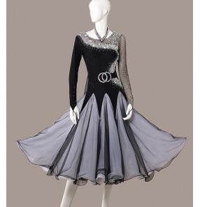 Custom size rhinestones competition professional black ballroom dance dress for women girls long sleeves waltz tango foxtort stage performance dresses