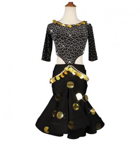 Custom size rhinestones gold sequins kids children competition latin dance dresses salsa rumba chacha dance dress costumes