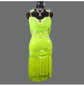 Custom size rhinestones neon yellow competition latin dance dresses for women girls latin dance skirts fringed bling salsa chacha rumba chacha dance dresses