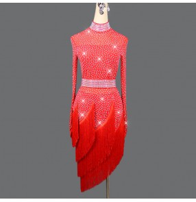 Custom size rhinestones red competition latin dance dresses for women girls female salsa chacha dance dress