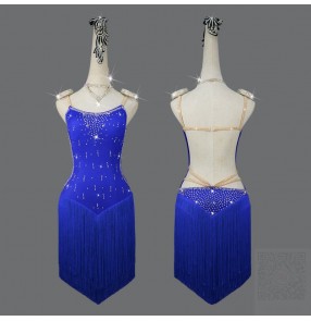 Custom size royal blue fringed competition latin dance dresses for women girls ballroom salsa stage performance costumes for female