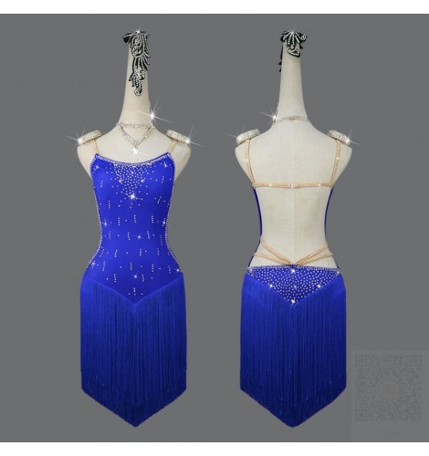 Custom size royal blue fringed competition latin dance dresses for women girls ballroom salsa stage performance costumes for female