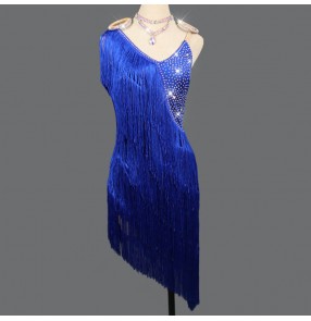 Custom size royal blue girls women's rhinestones fringes competition latin dance dress costumes salsa rumba chacha dance dress