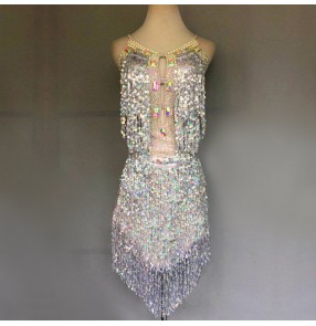 Custom size Silver sequin fringes competition latin dance dresses for women girls 
