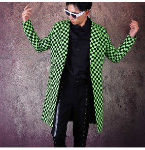 Custom size singer host Green Printed Plaid blazer for men youth mid-length suit nightclub dj ds hipster hairdresser hiphop dance long coats for male