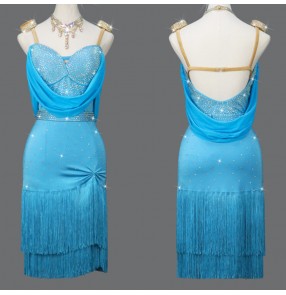 Custom size turquoise blue colored competition tassels latin dance dresses for women girls kids salsa chacha ballroom dancing costumes