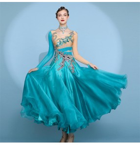 Custom size Turquoise colored ballroom dance dress with diamond for women girls kids professional waltz tango foxtrot dance long dress
