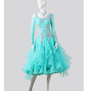 Custom size turquoise competition ballroom dance dress with diamond for women girls kids long length waltz tano flamenco foxtrot smooth dance long dress 