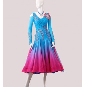 Custom size turquoise with fuchsia colored competition ballroom dance dresses with diamond for women girls kids waltz tango flamenco dance long bling dress 