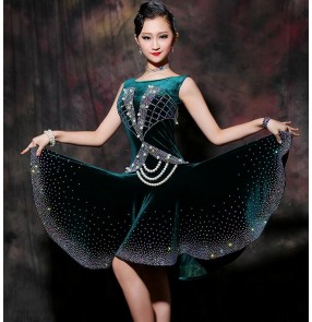 Custom size velvet dark green black girls women competition latin dance dresses violet stones samba chacha salsa dance dresses