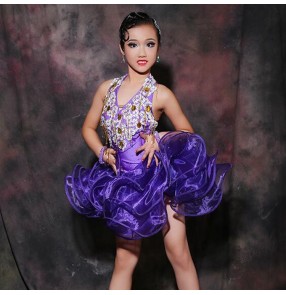 Custom size violet diamond handmade children women competition latin dance dresses kids salsa chacha samba dance dresses