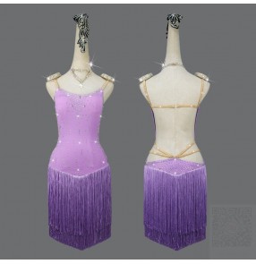 Custom size violet purple competition fringed latin dance dresses for women girls professional salsa rumba chacha dance dress for lady