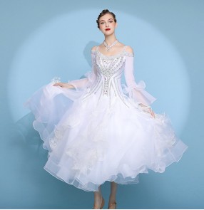 Custom size white colored competition ballroom dance dress for women girls kids professional waltz tango foxtrot smooth dance long dress