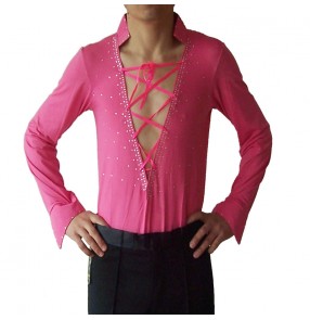 Custom size white fuchsia ballroom latin dance shirts for men long sleeves v neck boy growth yong man stage performance competition waltz tango latin body tops