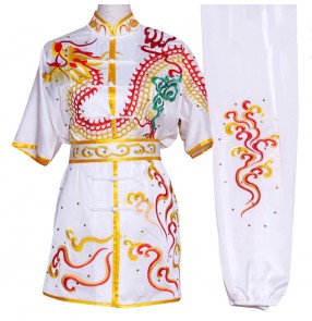 Custom size white marital art wushu competition performance clothing for boys girls with embroidered dragon changquan tai ji quan competition uniforms kungfu taichi clothing for children men women