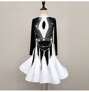 Custom size white with black competition latin dance dresses for girls kids professional ballroom latin stage performance costumes with gemstones for children