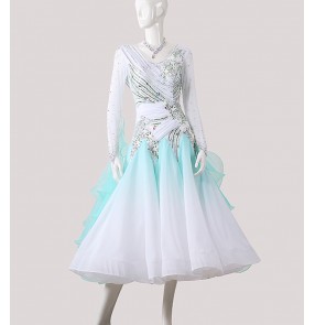 Custom size white with blue gradient colored competition ballroom dancing dresses with diamond waltz tango ballroom dance long dress for lady