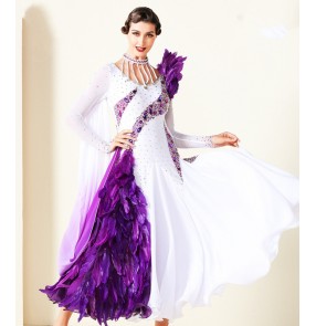 Custom size white with purple diamond handmade feather competition ballroom dance dresses for women girls professional waltz tango foxtrot ballroom dance dresses 