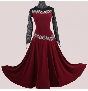 Custom size Wine with black ballroom dance dresses for women girls long sleeves competition diamond foxtrot waltz tango ballroom dancing dress ballroom dance skirts for female