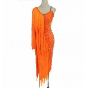 Custom size women girls orange fringed diamond competition latin dance dresses handmade bling stage performance professional salsa rumba chacha dance dress dance skirts for lady