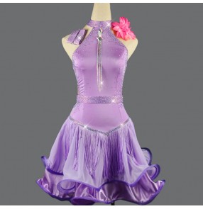 Custom size women girls purple fringes competition latin dance dress salsa rumba chacha dance dress