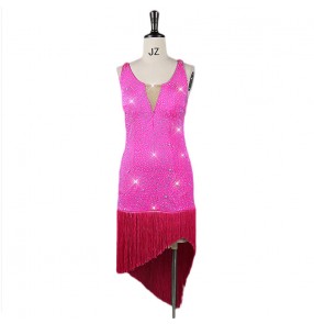 Custom size women girls rhinestones competition latin dance dresses fuchsia red royal blue black white fringed latin dance costumes salsa rumba chacha dance dresses 