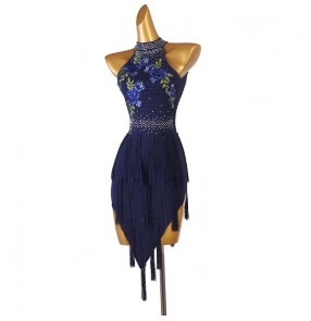 Custom size women kids navy royal blue flowers competition latin dance dress with diamond backless fringed modern salsa chacha latin performance costumes