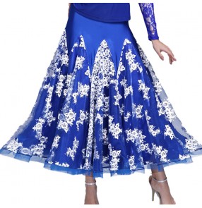 Custom size Women royal blue Ballroom dance skirts with embroidered white flowers ballroom dancing skirts foxtort smooth tango dance costumes for female