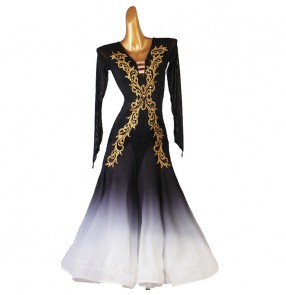 Custom size Women's black with gold embroidered competition ballroom dance dresses stage performance ballroom dance costumes waltz tango dance dresses