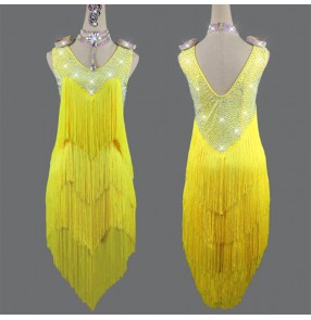 Custom size yellow colored fringed competition latin dance dresses with diamond for girls kids women rumba salsa chacha dance dress latin performance costumes