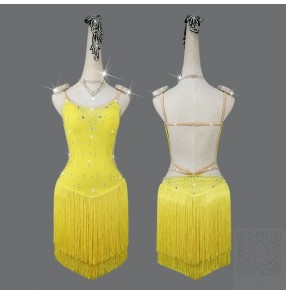 Custom size yellow competition fringed latin dance dresses with gemsotnes for women girls kids salsa latin ballroom stage performance costumes 