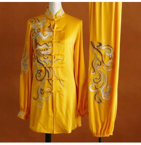 Custom size yellow embroidered dragon Chinese Kung Fu Uniforms competition Tai chi  clothing wushu qigong performance suit martial art competition clothes for female