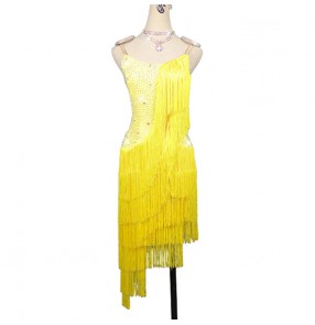 custom size Yellow fringes competition latin dance dresses for women girls salsa chacha rumba dance dresses
