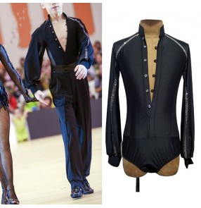 Customized men's competition black Latin ballroom dance shirts with handmade Diamond line standard waltz tango dance bodysuits top for youth stage Performance clothing