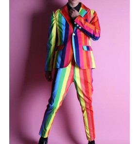 Customized Size Men's kids Rainbow Striped Suits host singer solo performance blazer and pants for man Nightclub Stage Hair Stylist dance Studio outfits