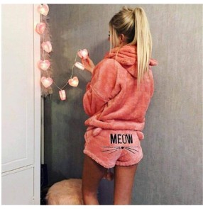 Cute cat Pajama Sets For Women Winter Hooded Sleepwear Flannel 2 Pcs Pyjama Suits Femme Cartoon Cat Pijama Feminino Plus Size 