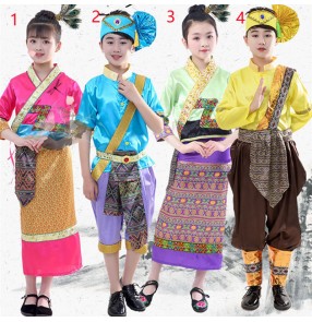 Dai Thailand folk dance dress Professional Thai peacock performance costumes for boys and girls Parent-child model catwalk clothing