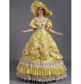 Dark blue yellow Retro European palace style stage performance dresses film drama cosplay lantern sleeve palace skirt  photos shooting Princess dress for ladies