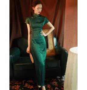 Dark green Chinese dress for women slant neck oriental retro Improved cheongsam slim high slit long Chinese style old Shanghai daily qipao dress