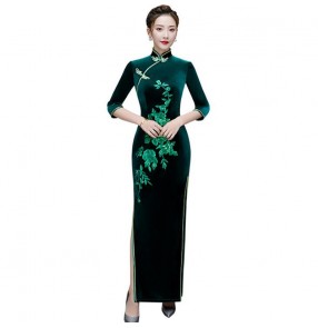 Dark green Chinese dresses qipao retro oriental traditional retro dress cheongsam miss etiquette model show performance dress