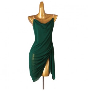 Dark green flowy competition latin dance dresses for women girls backless modern rumba salsa chacha dance body dress for lady