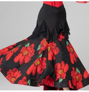 Dark green red floral printed flowers ballroom dancing skirts for female women waltz tango foxtrot smooth dance long swing skirts 