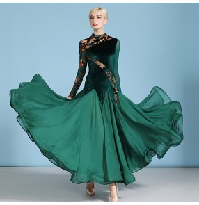 Dark green red velvet ballroom dance dress for women standard smooth tango waltz dance dress for female