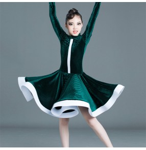 Dark green royal blue velvet latin dance dress for girls kids ballroom latin dance skirts latin dance costumes for children 