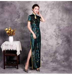 Dark green sequins chinese dresses qipao oriental traditional dresses miss etiquette show performance host singers evening party dresses