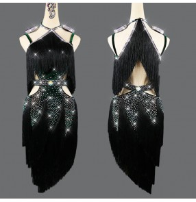 dark green velvet Black tassels competition latin dance dresses for women girls professional bling diamond salsa rumba chacha dance dresses for female